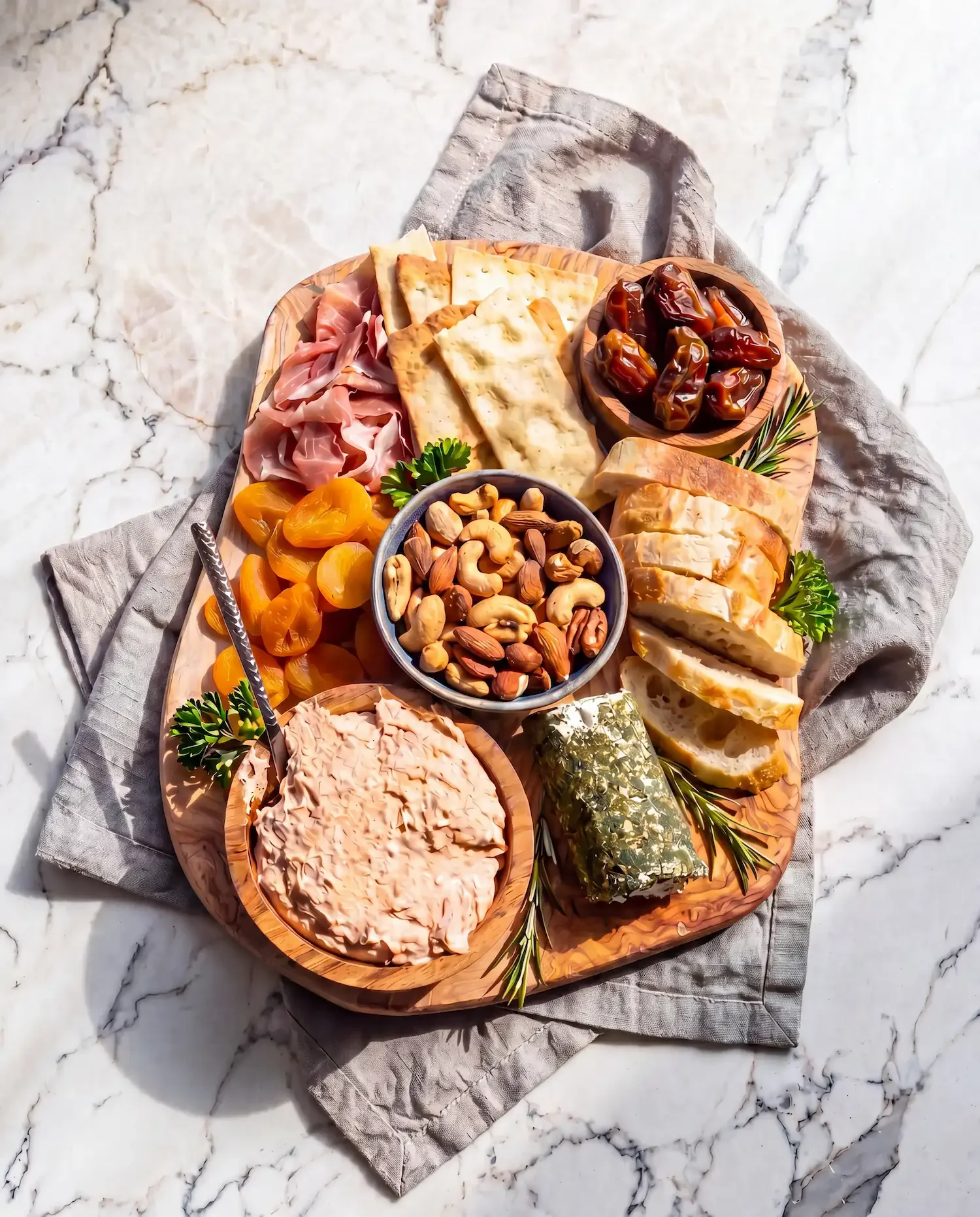 Fjellsangin Forest Picnic Board — prosciutto, herbed goat cheese, dates and mixed nuts on a wooden board in the forest