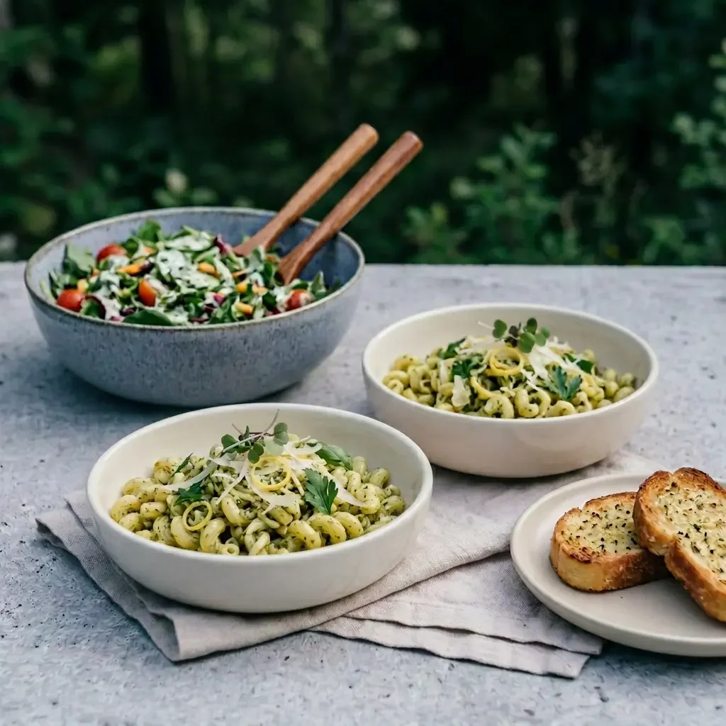 Fjellsangin Pasta & Salad Night Lemon Herb — lemon pesto pasta with parmesan, garden salad, garlic bread on cabin deck