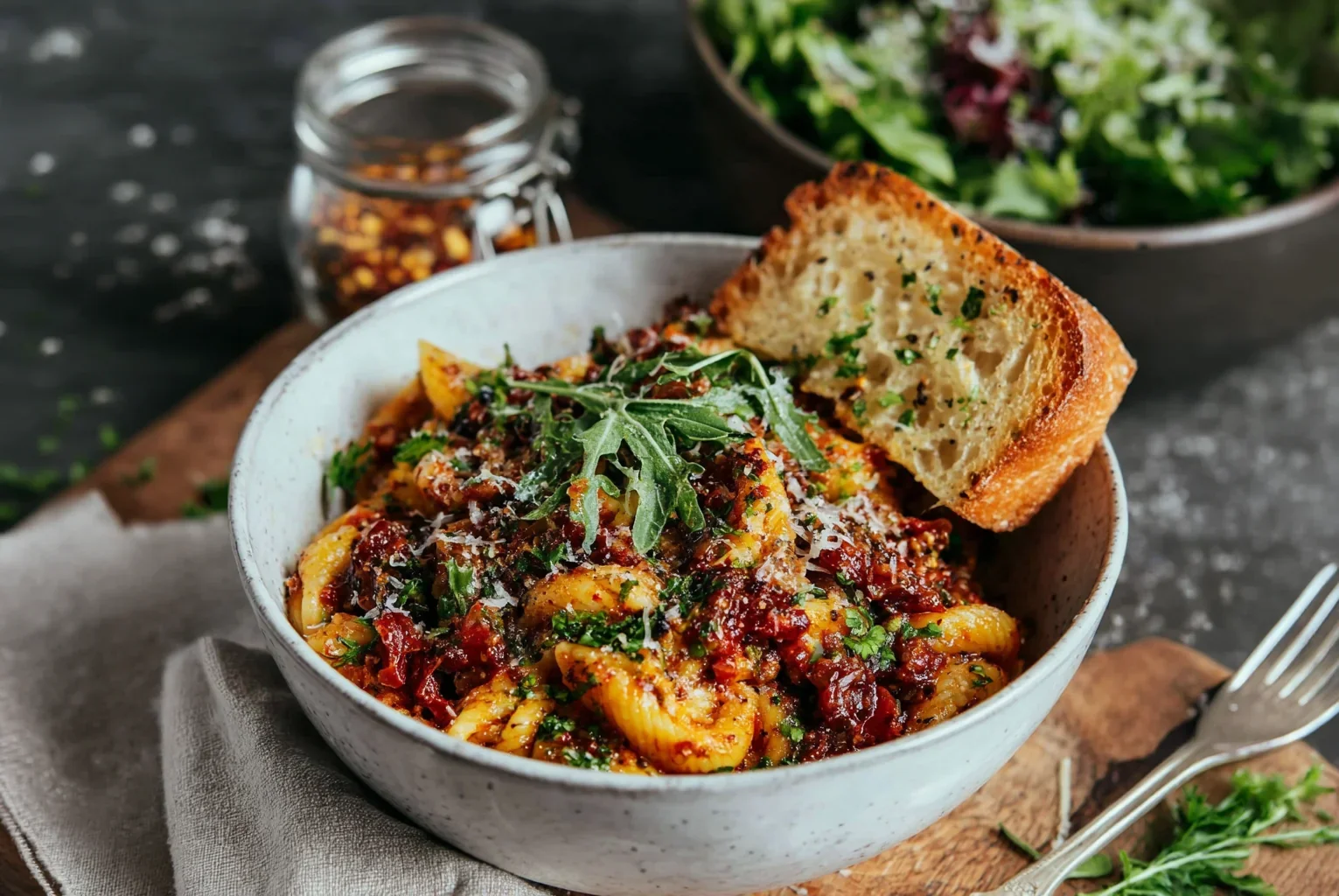 Pasta and Salad Night dinner kit with roasted tomato pasta at Fjellsangin cabin near Mt. Rainier