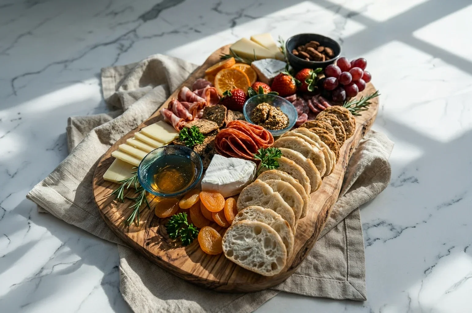 Alpenglow Board charcuterie spread with provisions at Fjellsangin luxury cabin near Mount Rainier