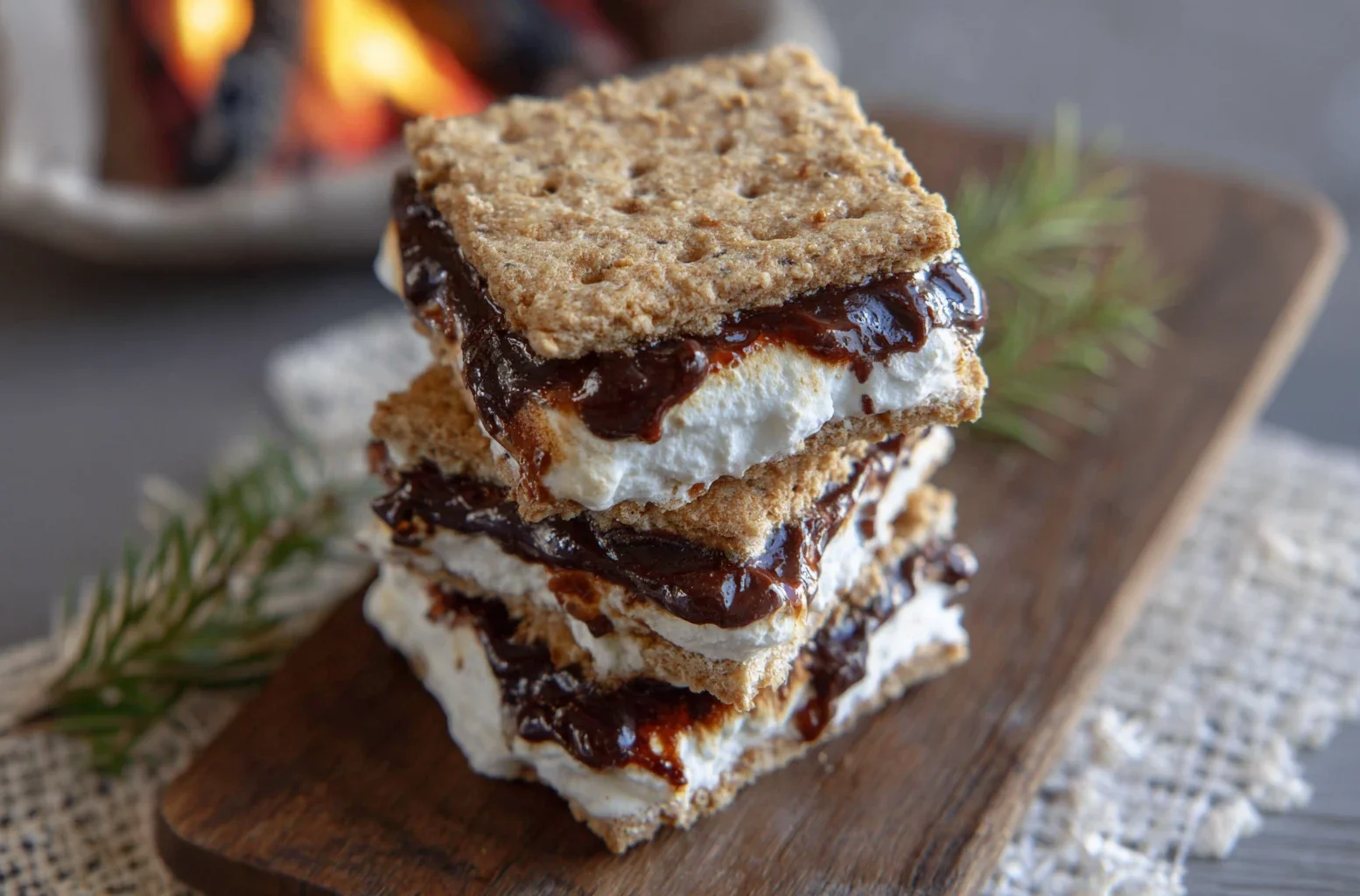 Artisan Fireside S'mores Kit stacked by the fireplace at Fjellsangin Nordic cabin near Mt. Rainier National Park