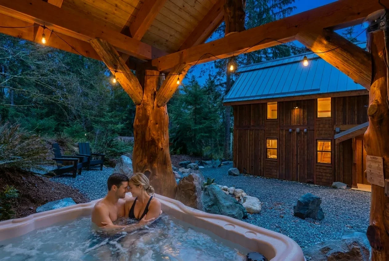 Couple relaxing together in the covered hot tub at dusk, cedar post pavilion with glowing string lights, Fjellsangin cabin lit from within and Pacific Northwest forest behind, near Mount Rainier, Washington