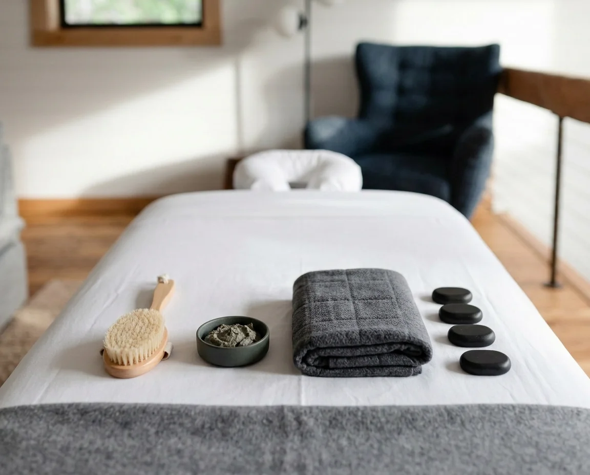 Dry brush, sea mud, and hot stones laid out for the Restorative Body Ritual at Fjellsangin