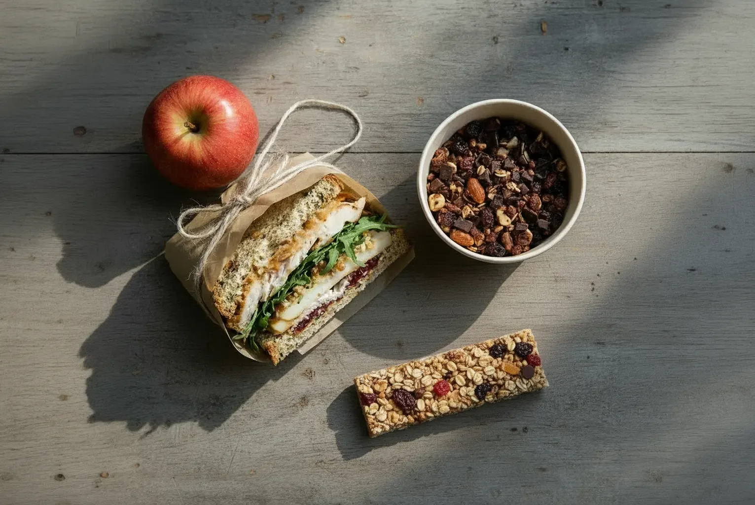 Alpine Classic lunch kit with sandwich, apple, and lemonade at Fjellsangin cabin near Mount Rainier