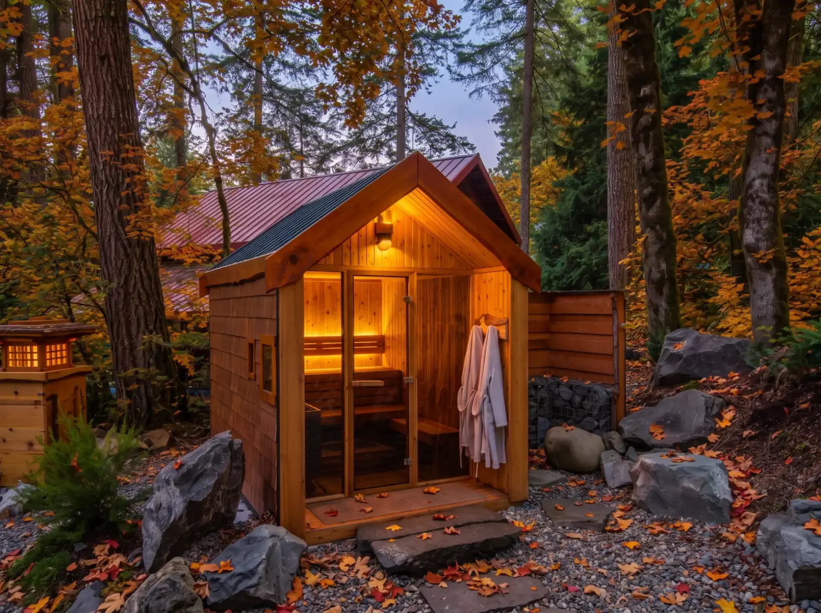 Cedar-lined sauna with a full glass front glowing at dusk at Fjellsangin near Mount Rainier