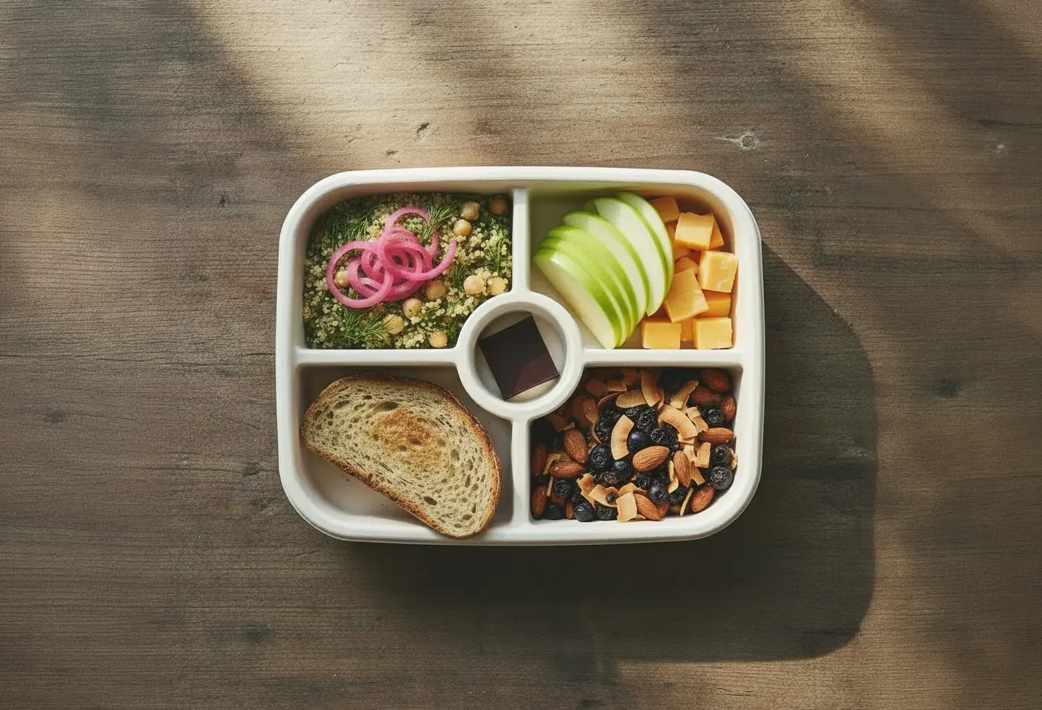 Fjell Fuel Box charcuterie lunch with bread, cheese, and dark chocolate — Fjellsangin Ashford, WA cabin