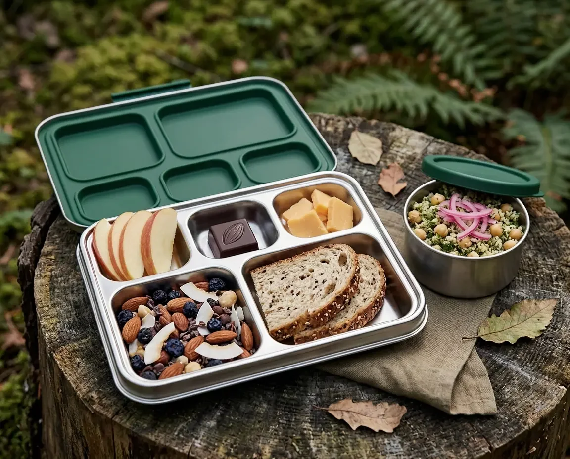 Fjell Fuel Box in a stainless steel bento tray packed for a Mt. Rainier day at Fjellsangin