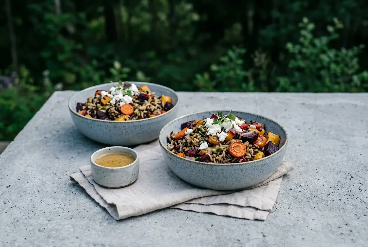 Fjellsangin Wild Rice & Roasted Veggie Bowl — wild rice, roasted vegetables, maple-mustard dressing, goat cheese