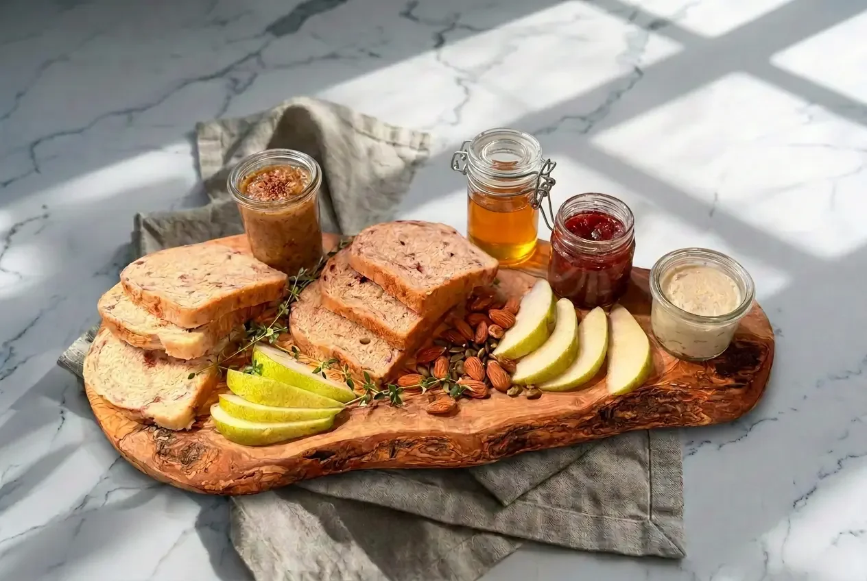 Fjellsangin Toast Board — thick-cut bread, whipped honey butter and house preserves on a wooden board