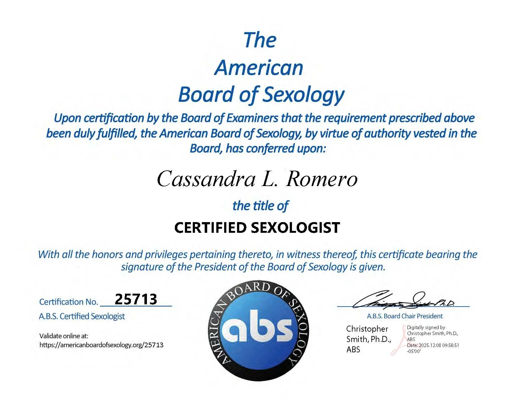 Certificate indicating Cassandra Romero certified by The American Board of Sexology Cert number 25713
