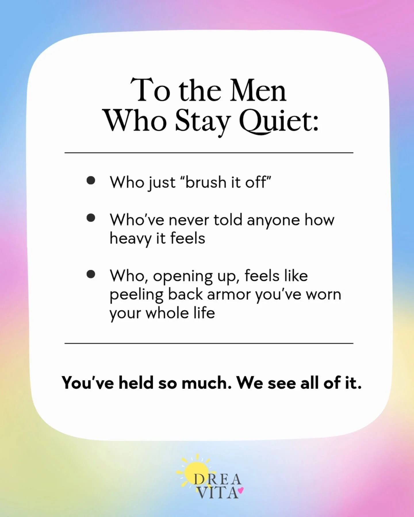 We know it&rsquo;s hard💟

This Men&rsquo;s Mental Health Month, we&rsquo;re not here to force anything.

We&rsquo;re here to say:
You&rsquo;re allowed to talk.
You&rsquo;re allowed to need help.
You&rsquo;re allowed to want more.

Whenever you&rsquo