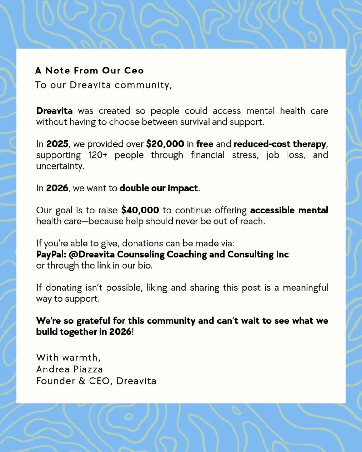 We're building accessible mental health care together.
Because everyone deserves care regardless of financial status. 💙

Link in bio to donate

#Dreavita #AccessibilityInCare #therapy