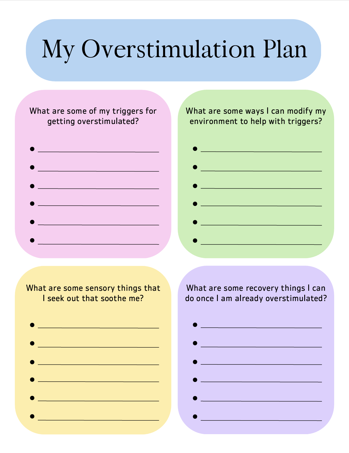 Colorful worksheet titled “My Overstimulation Plan” with four sections for identifying triggers, environmental supports, soothing sensory inputs, and recovery strategies.