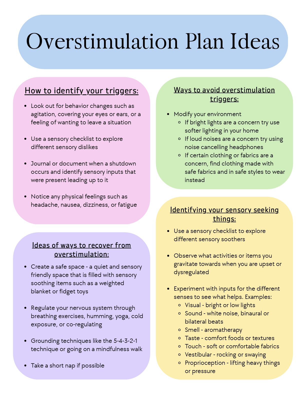 Colorful infographic titled “Overstimulation Plan Ideas” with sections on identifying triggers, avoiding triggers, sensory seeking supports, and recovery strategies.