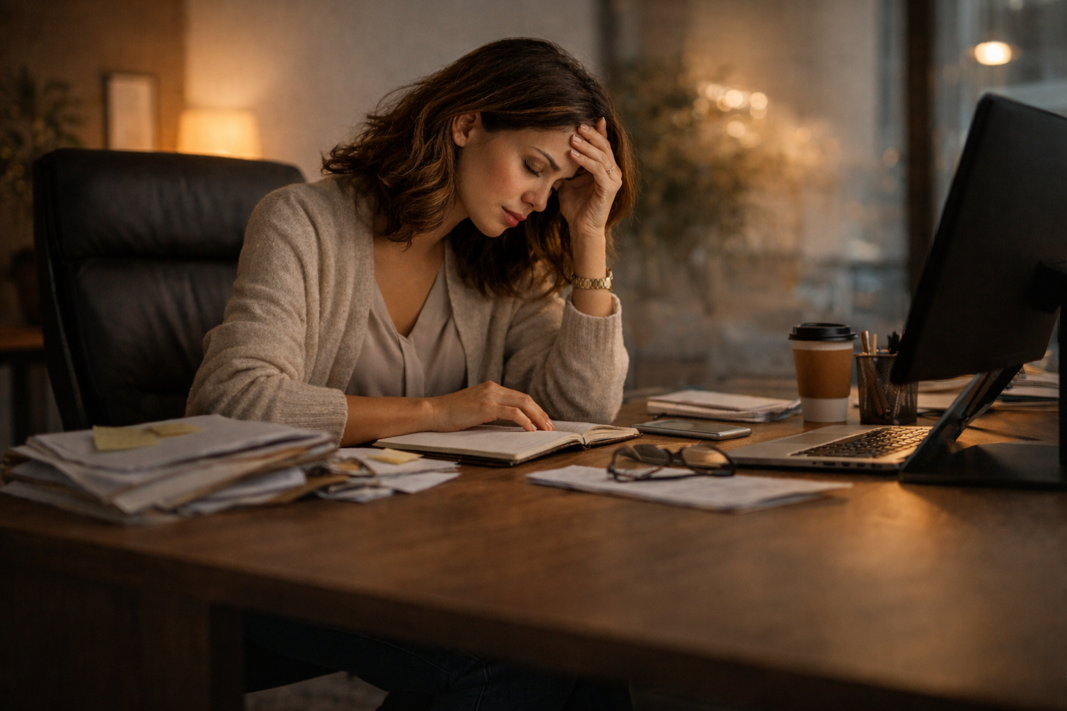 Woman sitting at a cluttered desk looking overwhelmed, representing stress from a toxic work environment.
