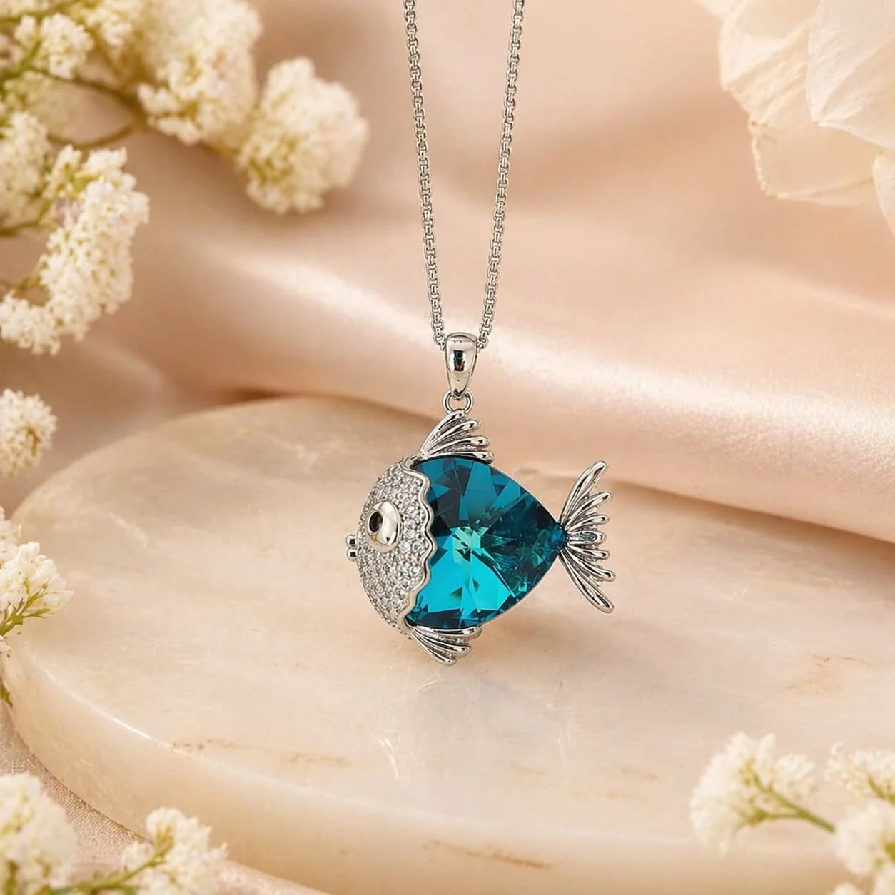 Cadena y Dije de Plata Pez con Piedra Azul Turquesa