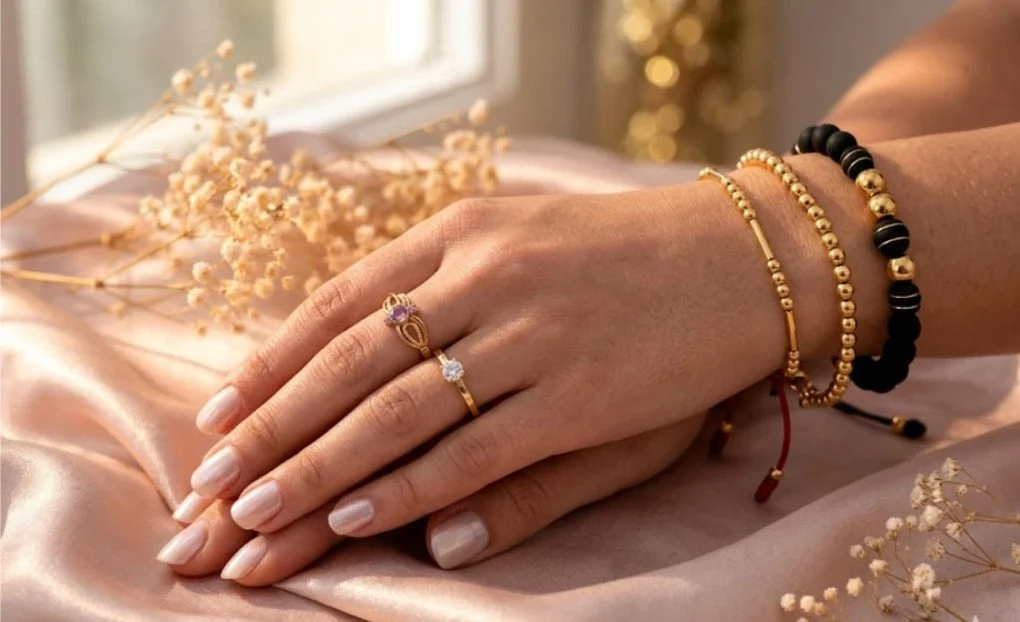Mano con varias pulseras doradas y anillos, apoyada sobre tela rosa, con flores secas y luz natural de fondo.