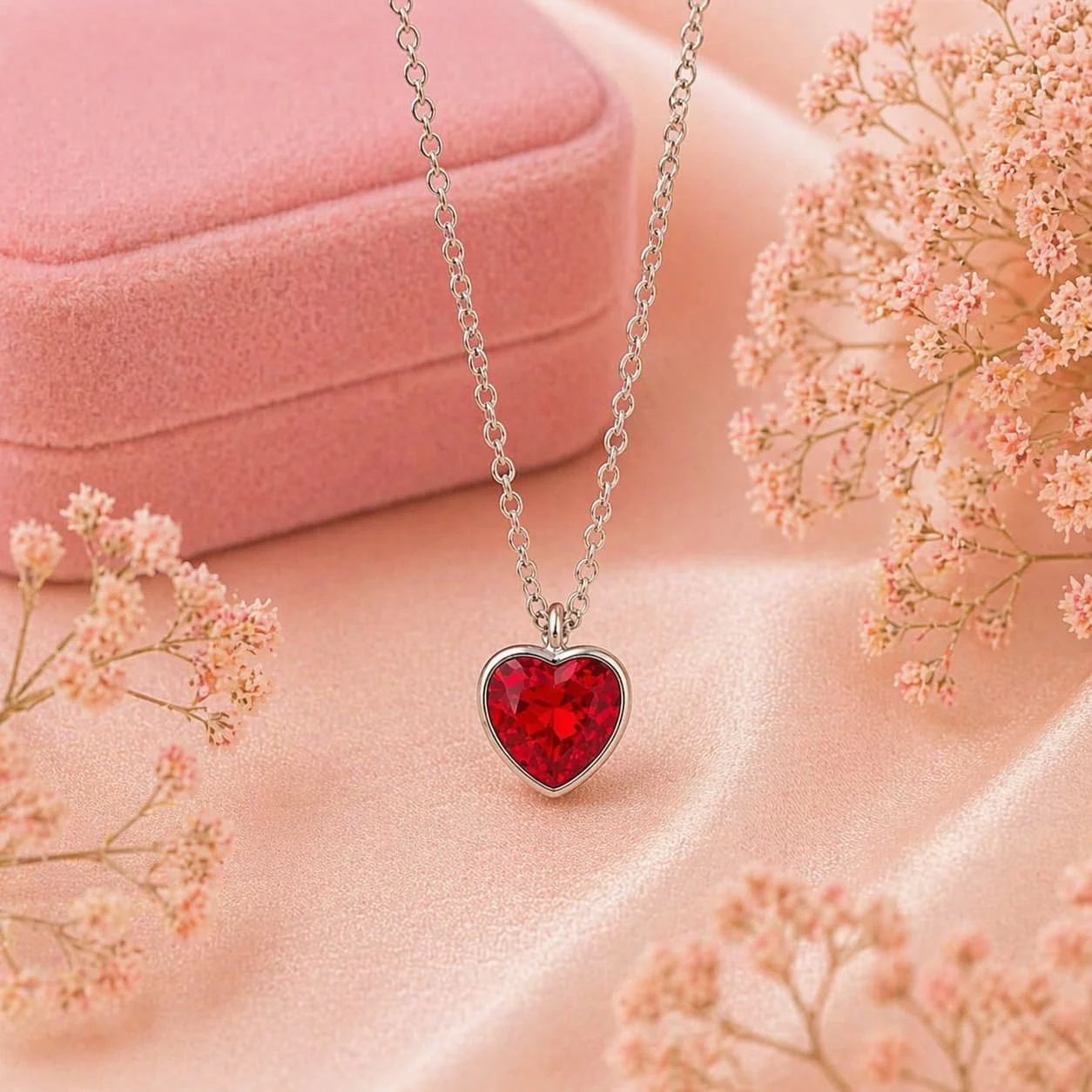 Cadena y Dije de Plata Corazón Rojo Rubí