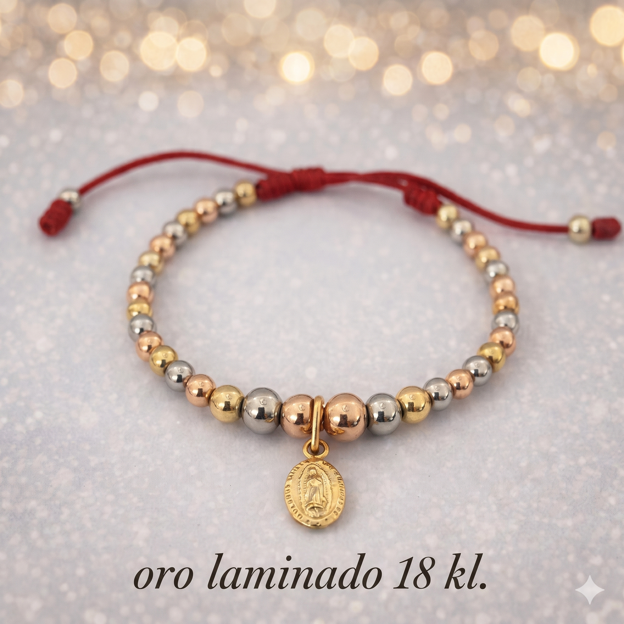 Pulsera Tricolor con Dije Virgen María - Oro Laminado 18 kl