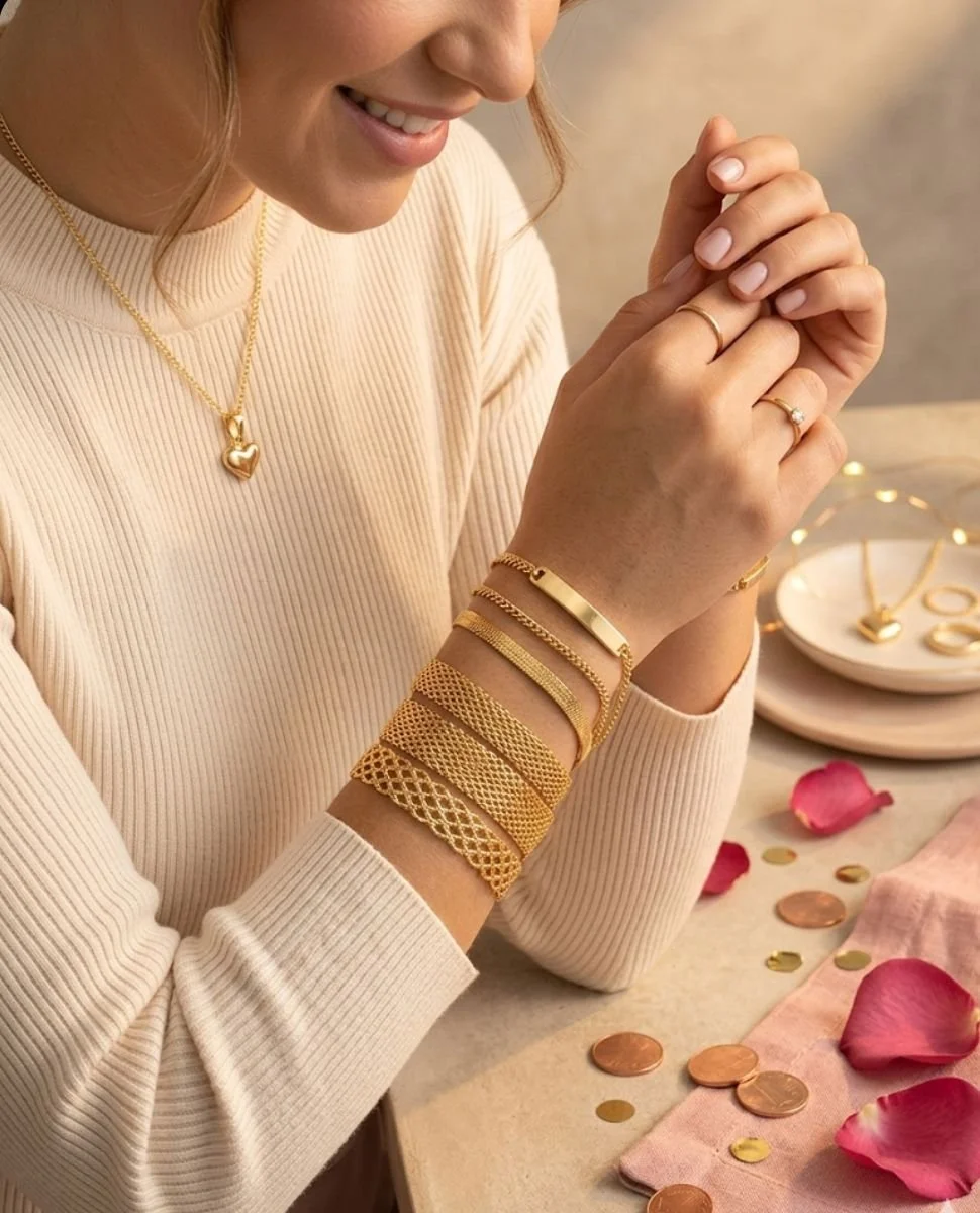 Mujer sonriendo con varias pulseras de oro en la muñeca, usando anillos y collar de oro, rodeada de pétalos rosas, monedas de cobre y decoraciones doradas sobre una mesa.