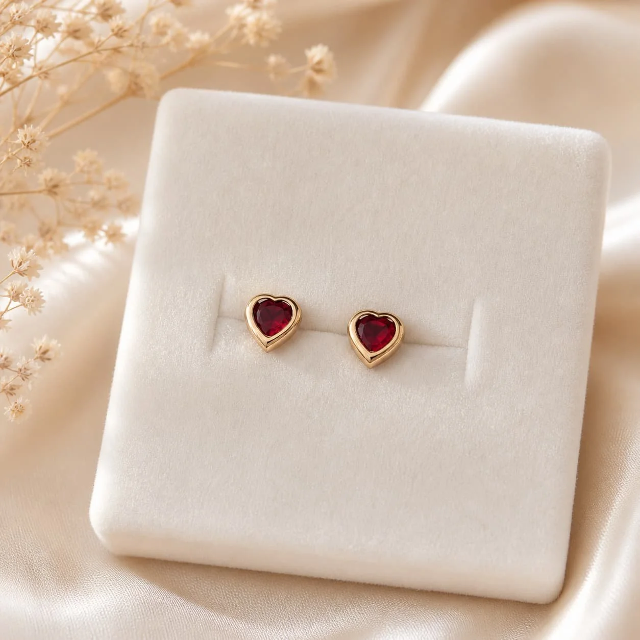 Aretes de Corazón en Oro Laminado 18K con Cristal Rojo