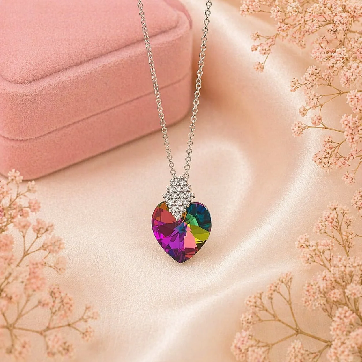 Cadena y Dije de Plata Corazón con Piedra Multicolor Galaxy