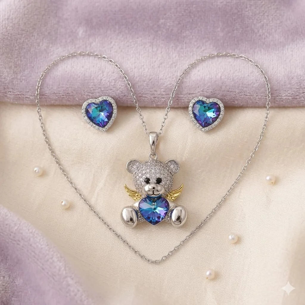 Cadena y Dije en Plata – Osito con Cristales Azules
