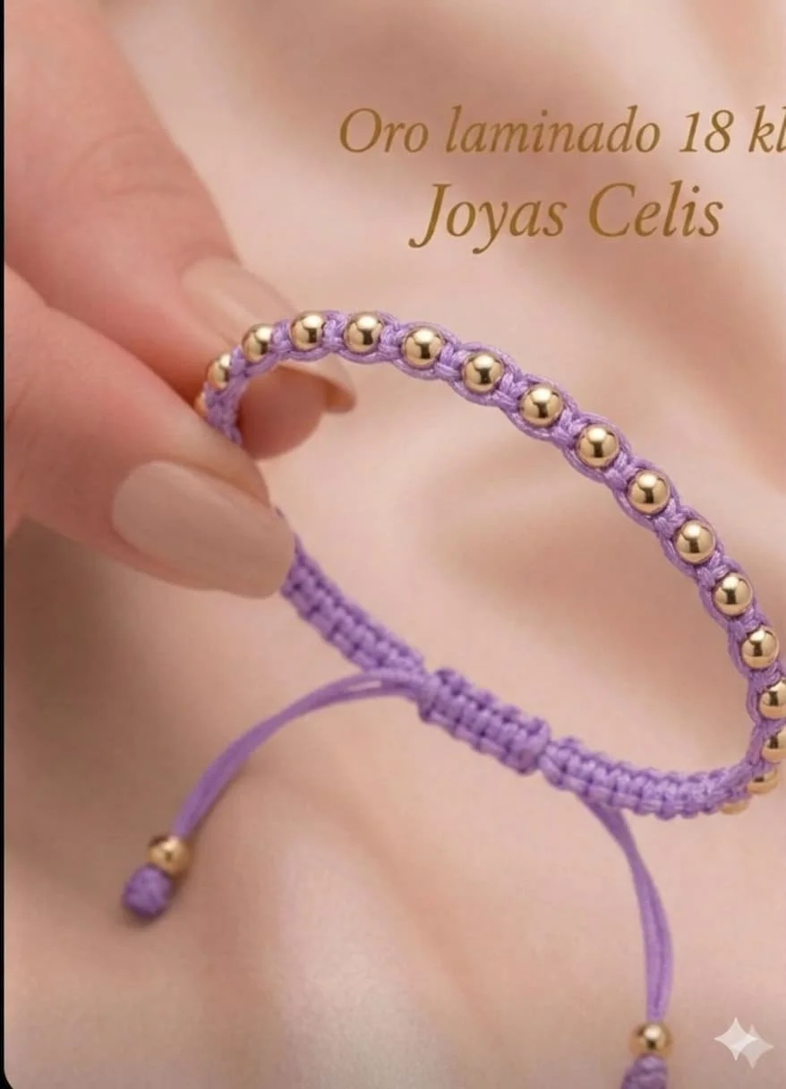 Pulsera Tejida Lila con Separadores Dorados - Oro Laminado 18kl
