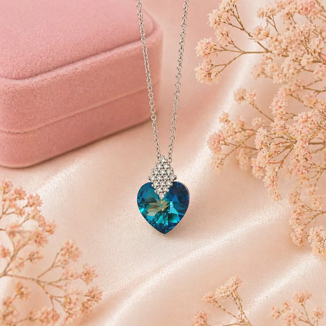 Cadena y Dije de Plata Corazón con Piedra Azul Océano