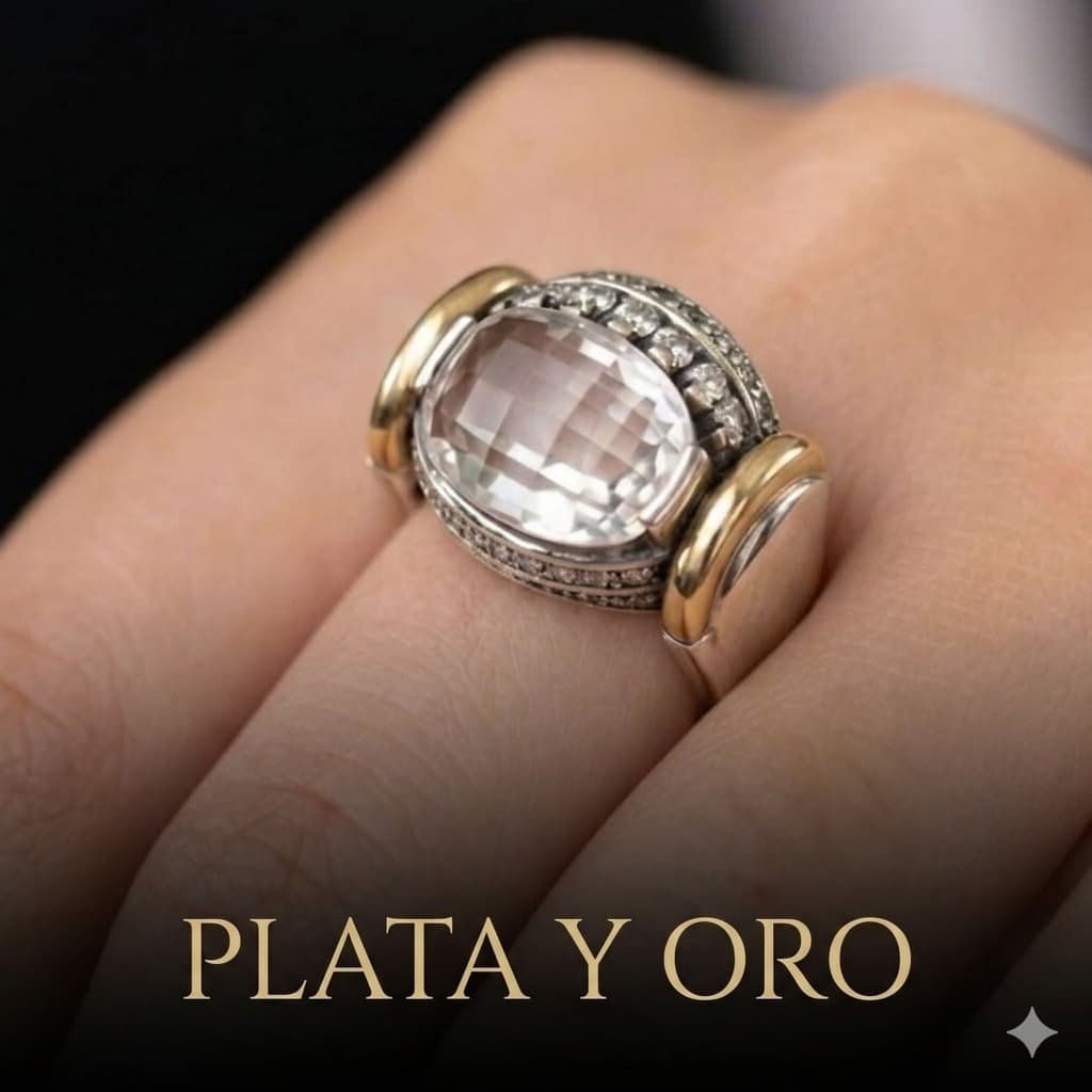 Anillo Bicolor Plata y Oro con Piedra
