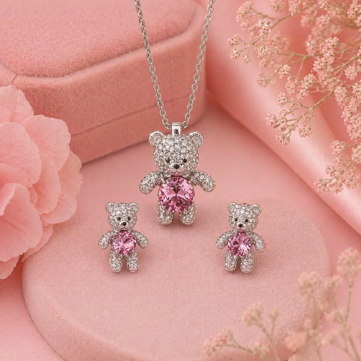 Juego de Plata Osito con Piedras Rosadas