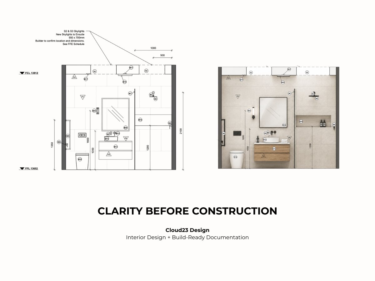 Detailed Revit construction documentation sheet showcasing bathroom floor plans and interior wall elevations by Cloud23 Design.