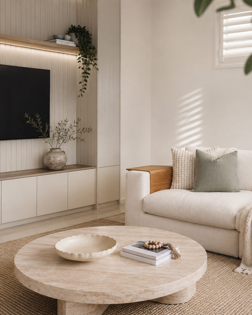 Custom residential living room joinery unit with vertical V-groove paneling, a timber top, a rustic ceramic vase, and a cream boucle sofa featuring textured cushions.