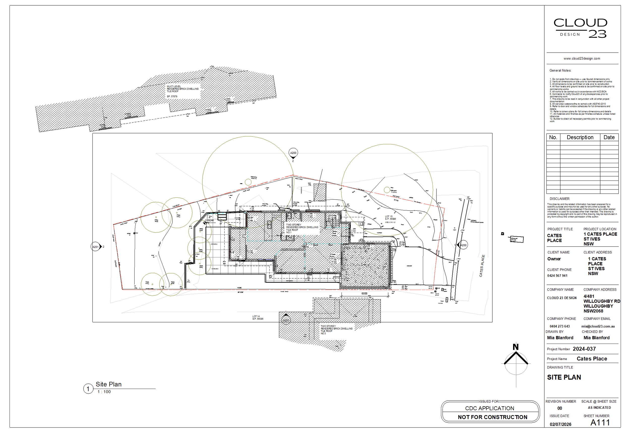 Detailed Revit architectural site plan documentation sheet by Cloud23 Design for builders and designers.