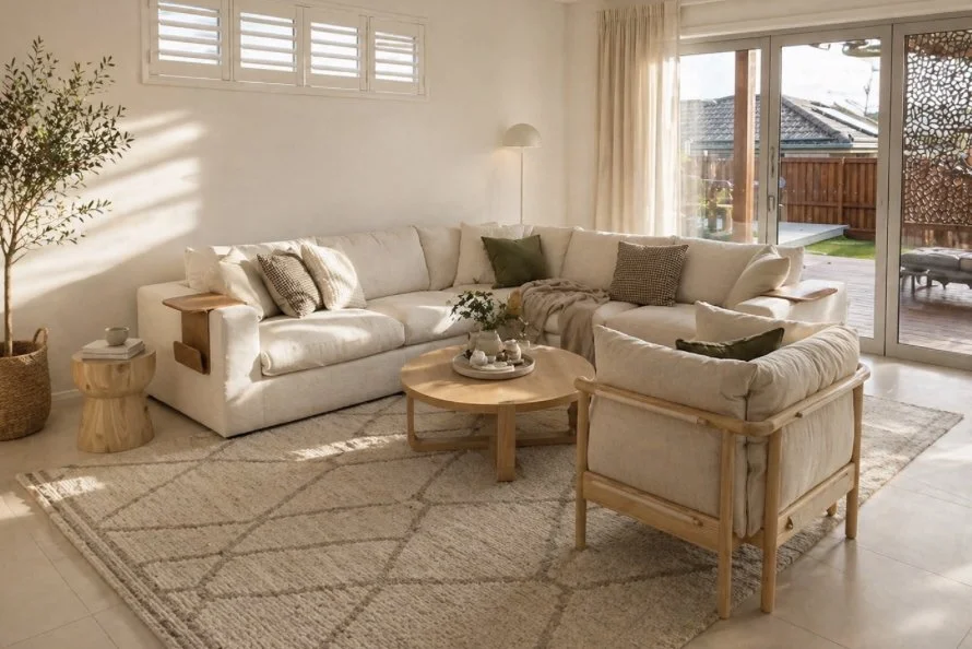 Warm coastal living room interior design in Sydney featuring a cream sectional sofa, a round oak coffee table, an armchair with a timber frame, a textured diamond pattern area rug, and sliding glass doors opening onto an outdoor deck.
