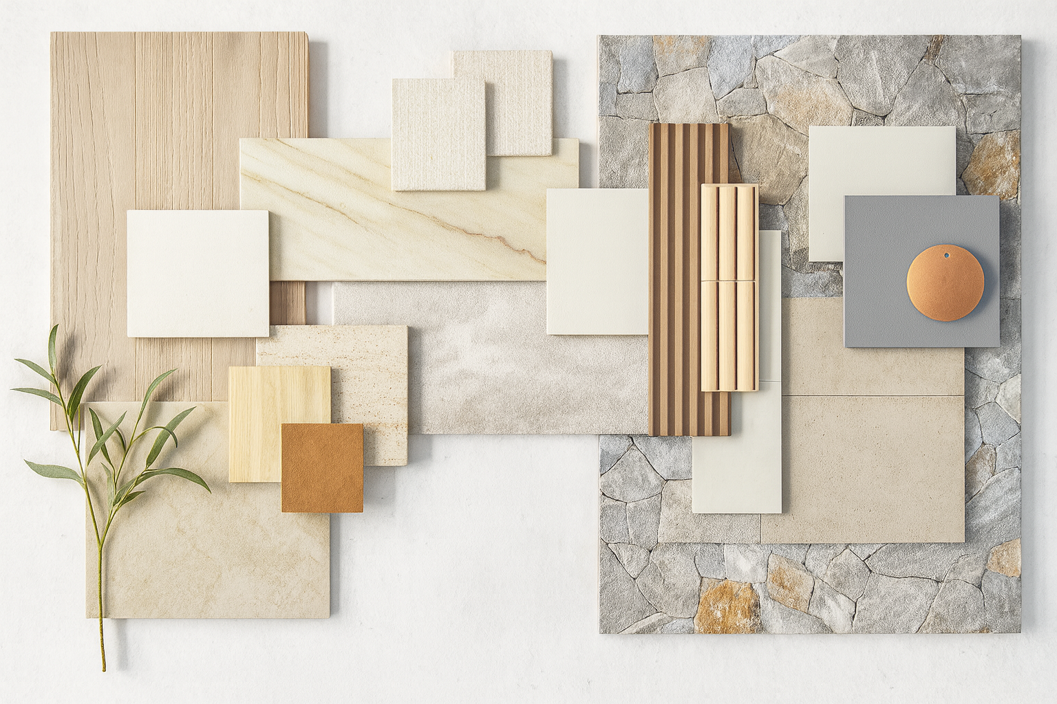 Interior design materials and finishes board by Cloud23 Design featuring a natural dry stone wall sample, oak timber flooring, marble look tile swatches, fluted timber paneling, and copper hardware.