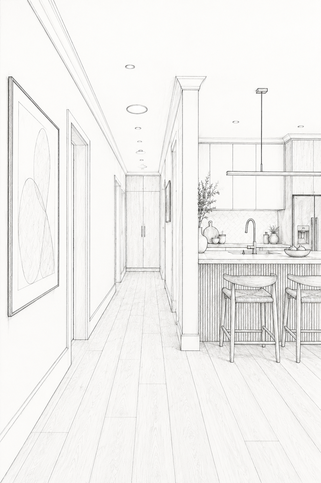Detailed black and white interior design perspective sketch showcasing a residential hallway spatial layout flowing into an open-plan kitchen with a breakfast bar.