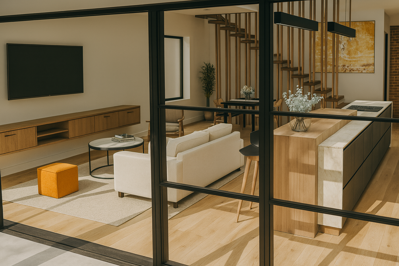 Luxury open-plan living room and kitchen design seen through black metal steel-framed doors, featuring a floating oak entertainment unit, custom marble kitchen island bench, and open timber batten staircase.