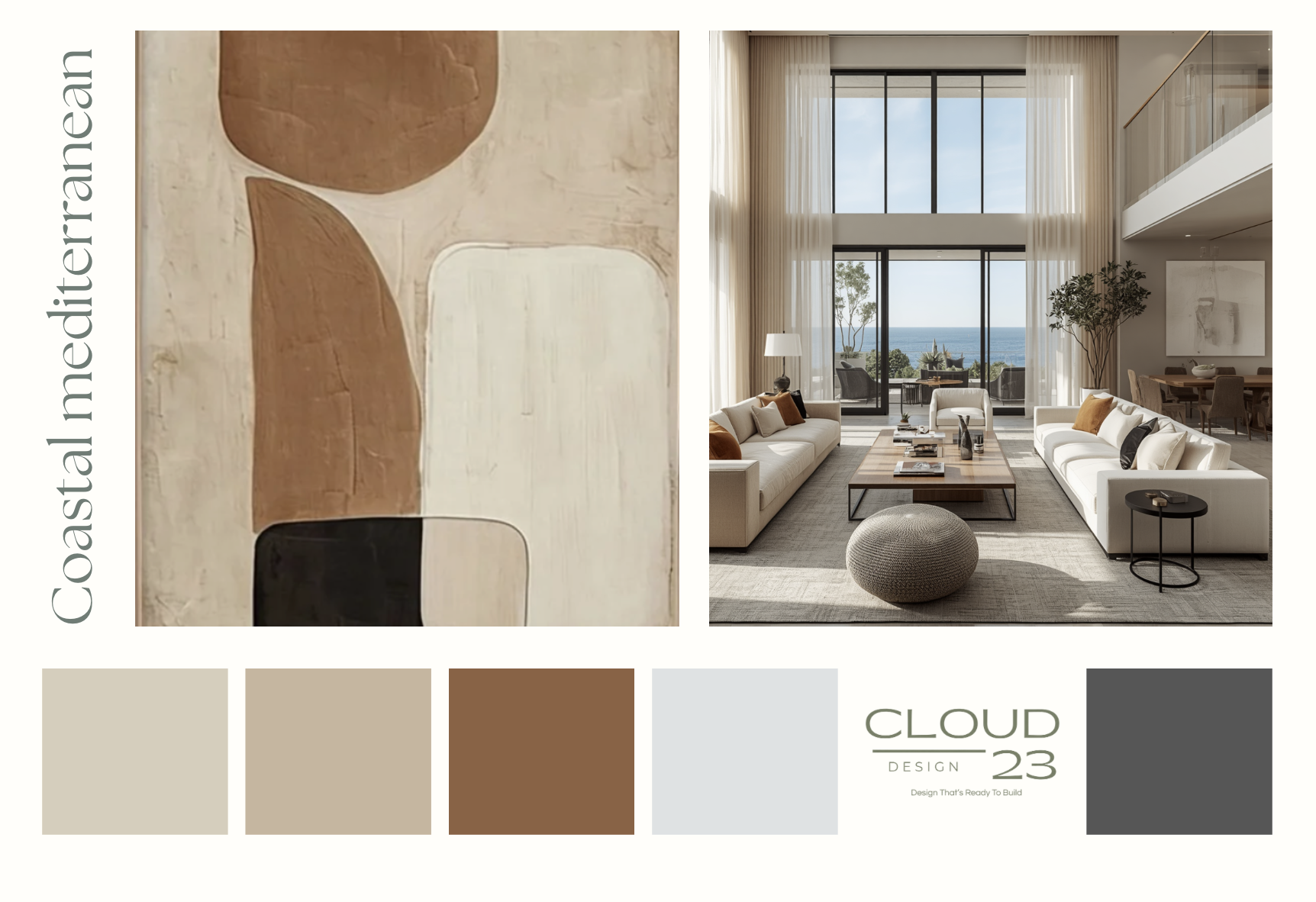 Coastal Mediterranean interior design concept mood board by Cloud23 Design, featuring warm terracotta abstract art, a neutral color palette, and a double-height luxury living room with sweeping ocean views.