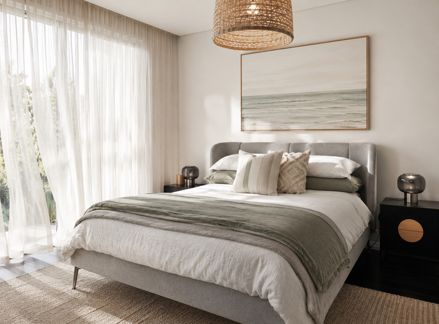 Modern residential bedroom design with a curved grey upholstered bedhead, sage green linen layers, a large coastal ocean painting, and sheer white curtains.