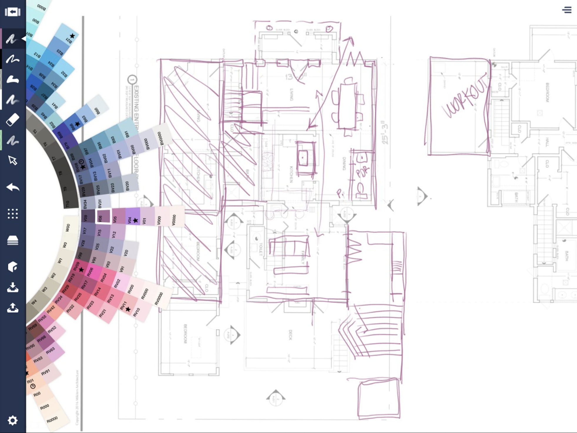 Early-stage concept floor plan sketch and material palette used in Cloud23 Design’s pre-build planning service in Sydney and the Central Coast.