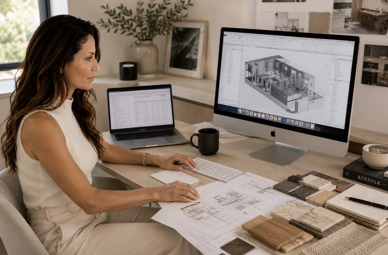 Mia Blanford working at a desk on a 3D Revit interior design model, reviewing architectural blueprints and stone material samples.