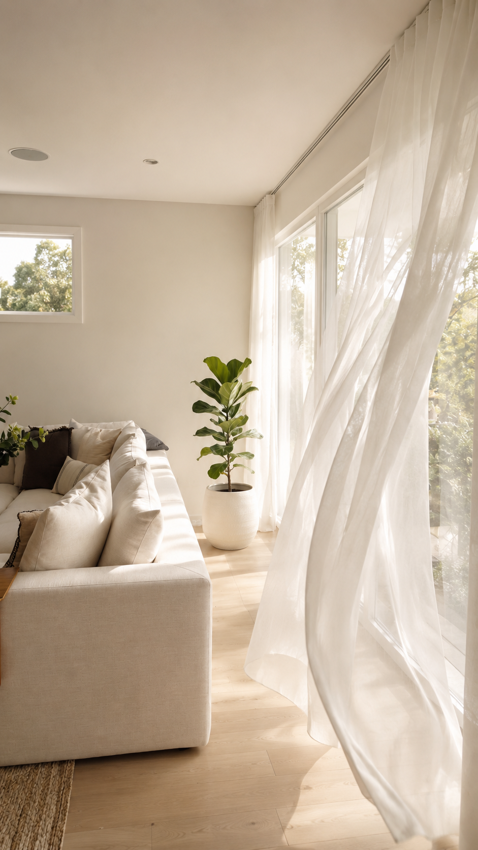 Bright, sunlit living room interior design featuring a cream sofa, a potted fiddle-leaf fig tree, and sheer white curtains blowing in the breeze.