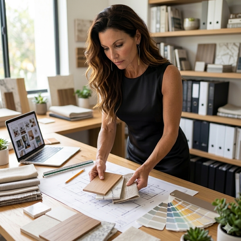 Principal interior designer Mia Blanford reviewing material swatches, timber samples, and architectural plans in the Cloud23 Design studio.