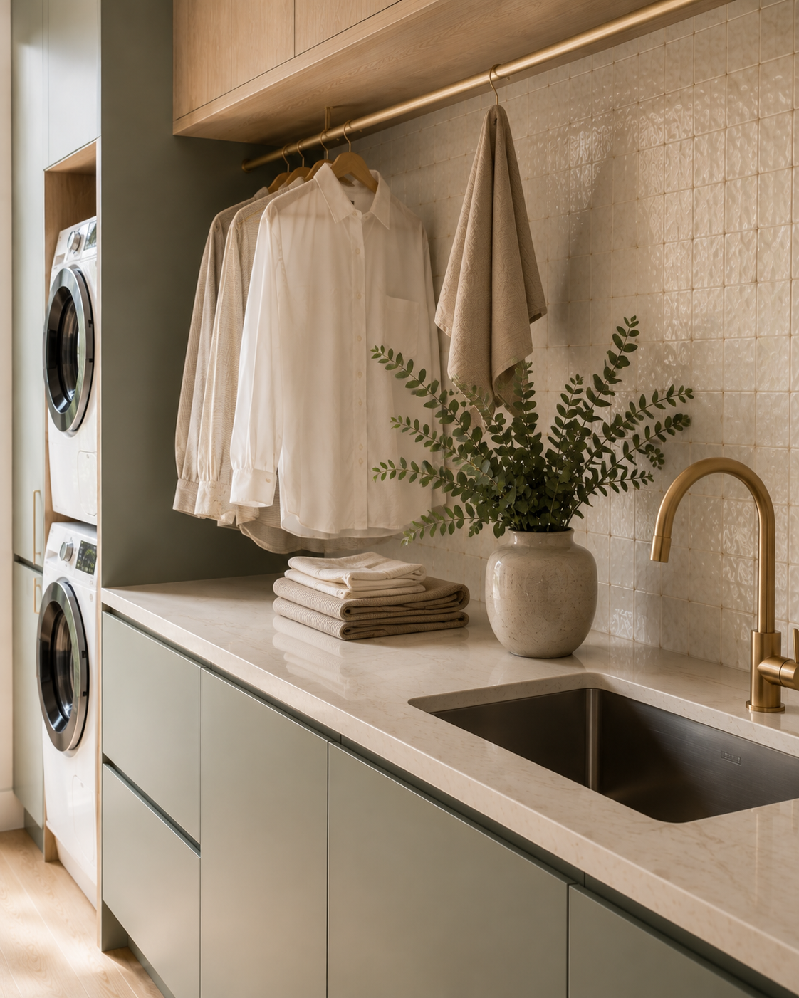 Close-up perspective of a luxury laundry renovation featuring a neutral veined stone benchtop, an undermount stainless steel sink, a brushed brass gooseneck tap, square gloss mosaic splashback tiles, and custom sage green handleless cabinetry.