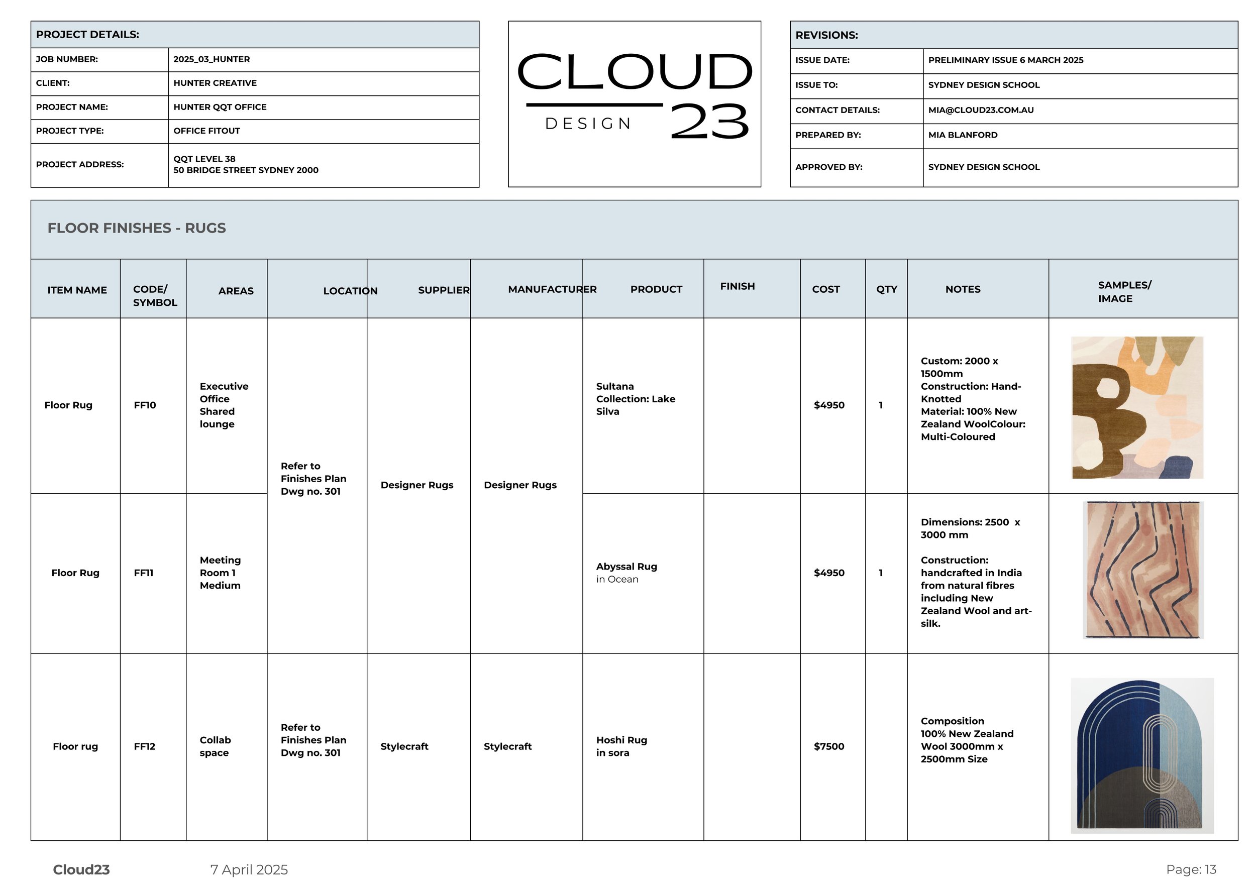 FF&E specification schedule prepared by Cloud23 Design showing furniture, finishes, and supplier selections as part of the FF&E curation package.