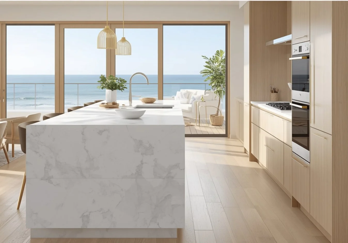 Modern coastal kitchen renovation on the Central Coast featuring a marble island bench, light oak timber cabinetry, integrated double ovens, and large sliding doors opening to an ocean view balcony.