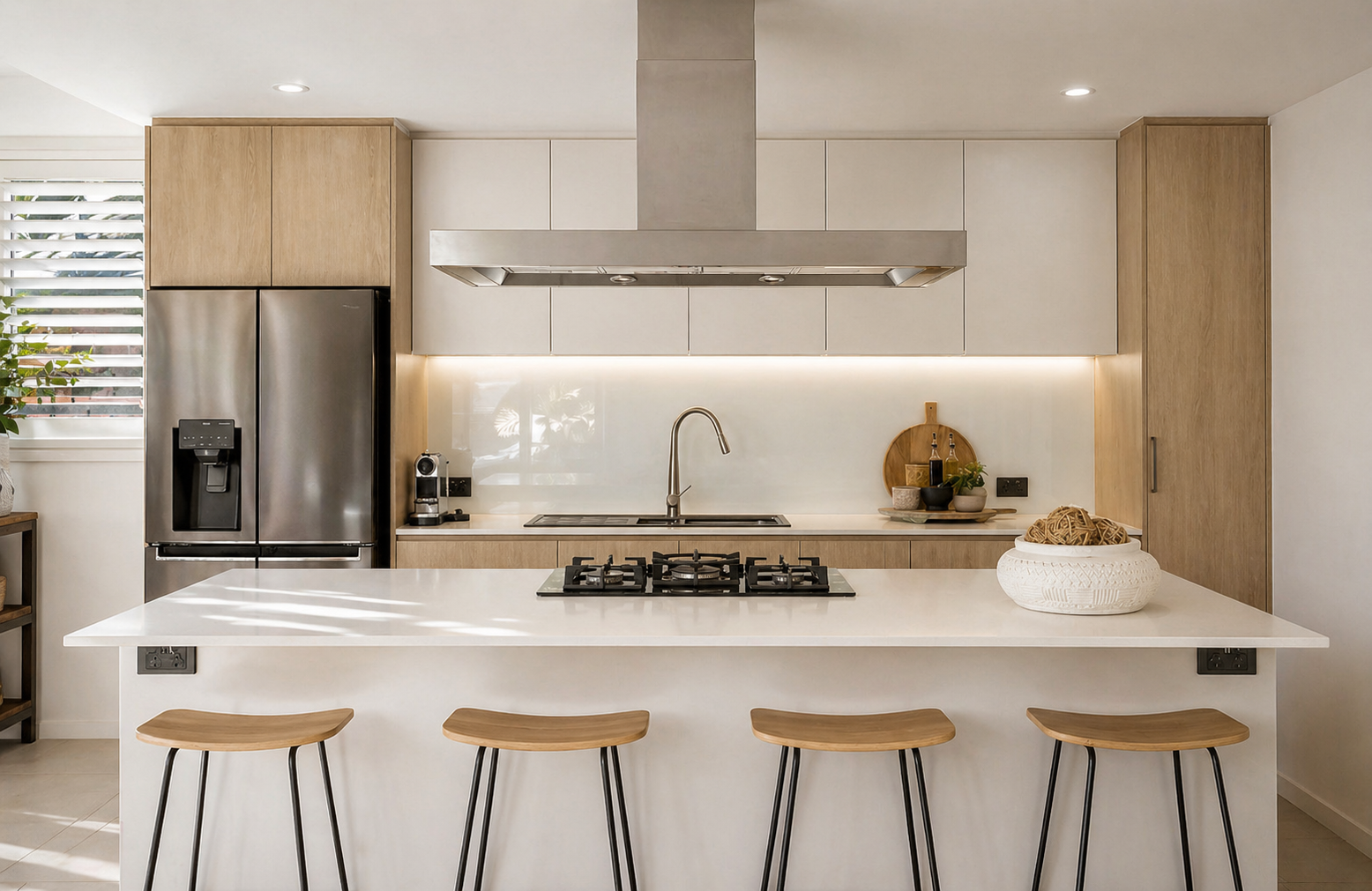 Modern kitchen renovation on the Central Coast featuring white stone island benchtop, timber look veneer cabinetry, an integrated gas cooktop, stainless steel rangehood, and minimalist wooden bar stools.
