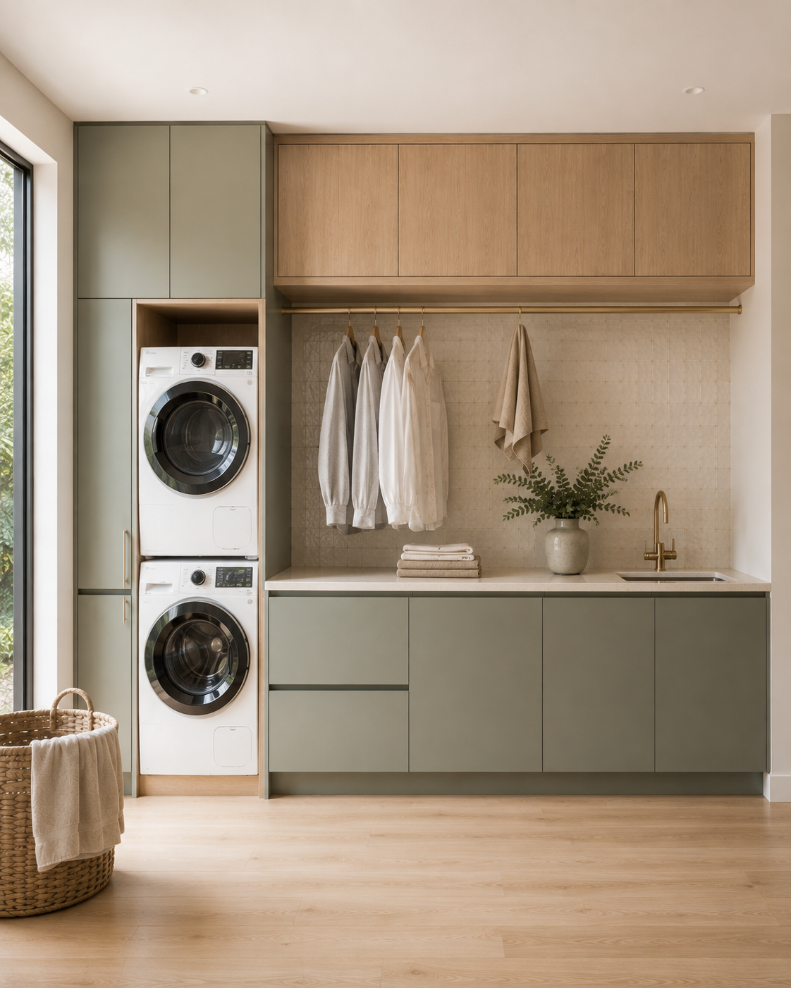 Symmetrical straight-on elevation view of a modern sage green laundry room layout featuring a custom integrated washer dryer tower, natural oak timber cabinetry, a stone benchtop, and light timber flooring.