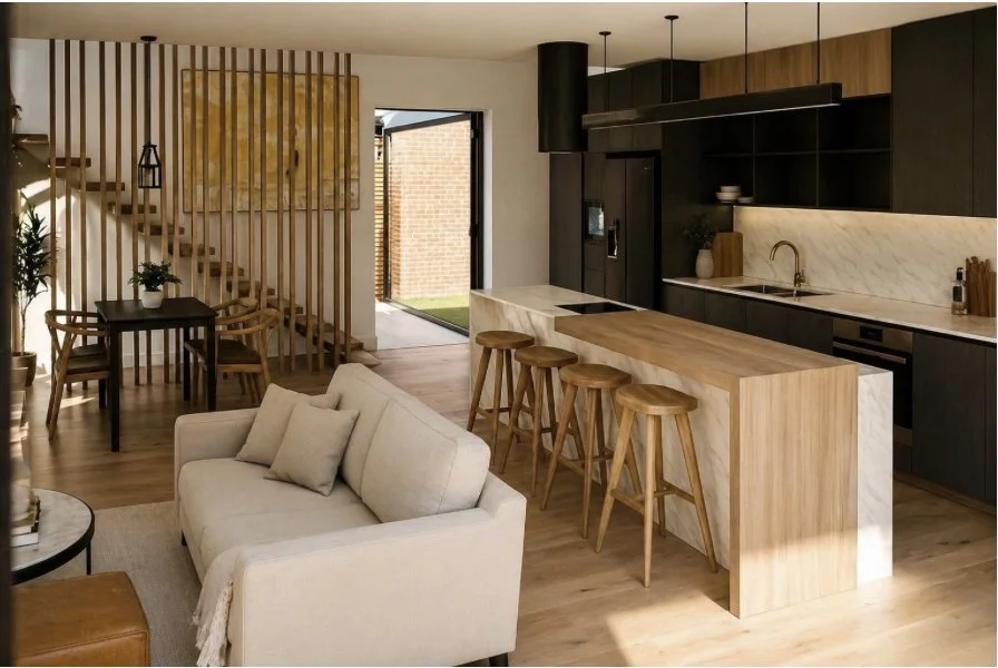 Modern open-plan residential interior renovation in Sydney featuring a custom marble and timber kitchen island bench, dark charcoal cabinetry, an integrated breakfast bar with wooden stools, a beige sofa, and a vertical timber batten screen alongside